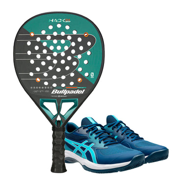 Pack Bullpadel Hack 04 Hybrid 2025 + Sapatilhas ASICS GEL GAME FF Padel Azul/Energy Aqua SS25
