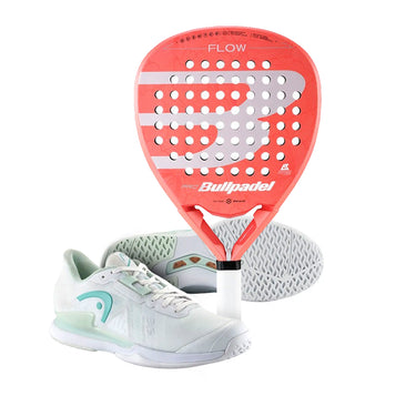 Pala BULLPADEL FLOW Woman 2023 ALEJANDRA SALAZAR + Zapatillas HEAD SPRINT PRO 3.5 Clay Blanco/Azul Claro Mujer ARI SANCHEZ